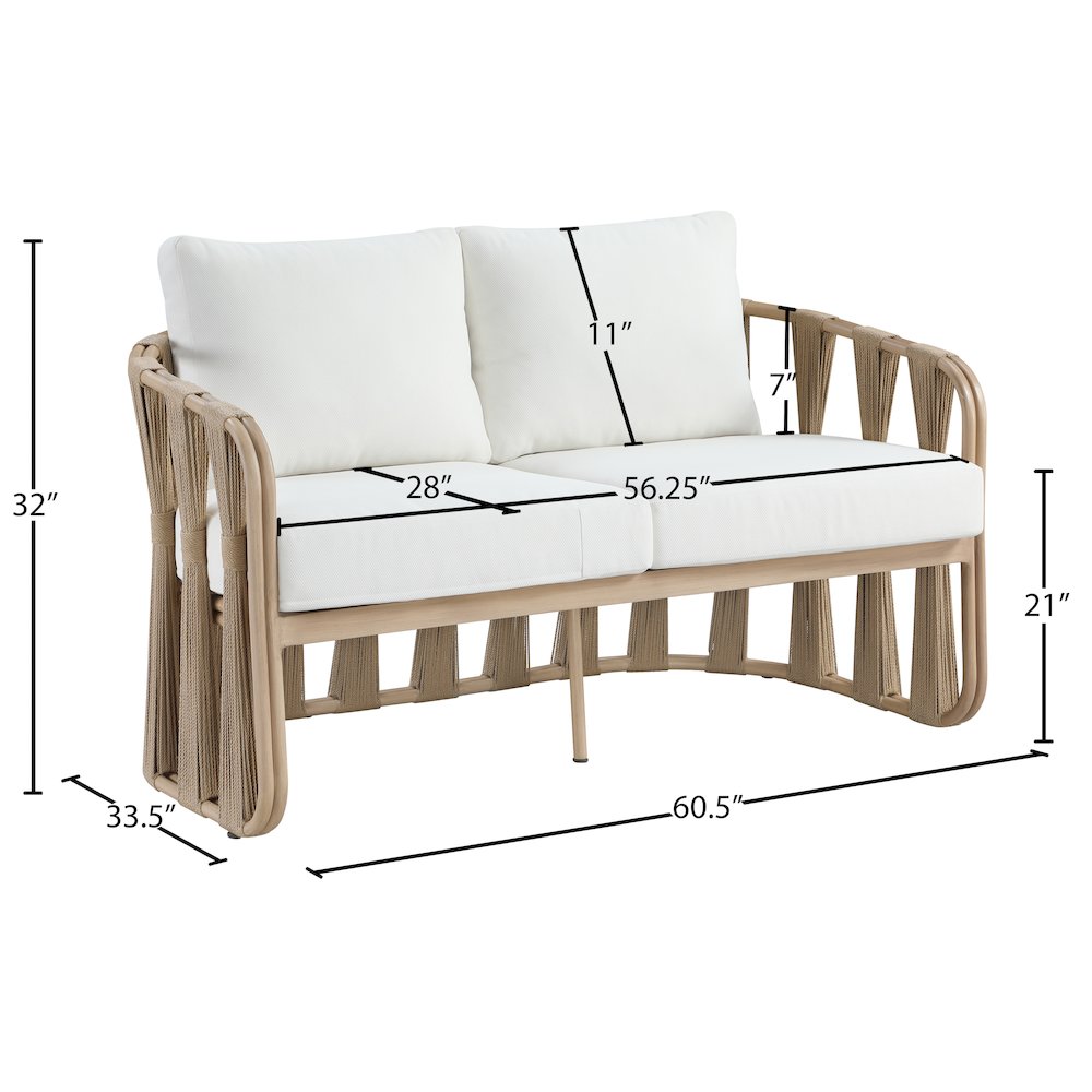 San Pietro 60.5" Cream Waterproof Fabric Outdoor Loveseat. Picture 6
