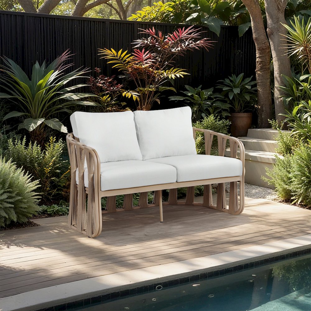 San Pietro 60.5" Cream Waterproof Fabric Outdoor Loveseat. Picture 7