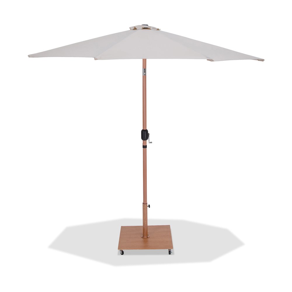 Fiji Beige Fabric / Teak Aluminum Patio Umbrella with Base Sets. Picture 1