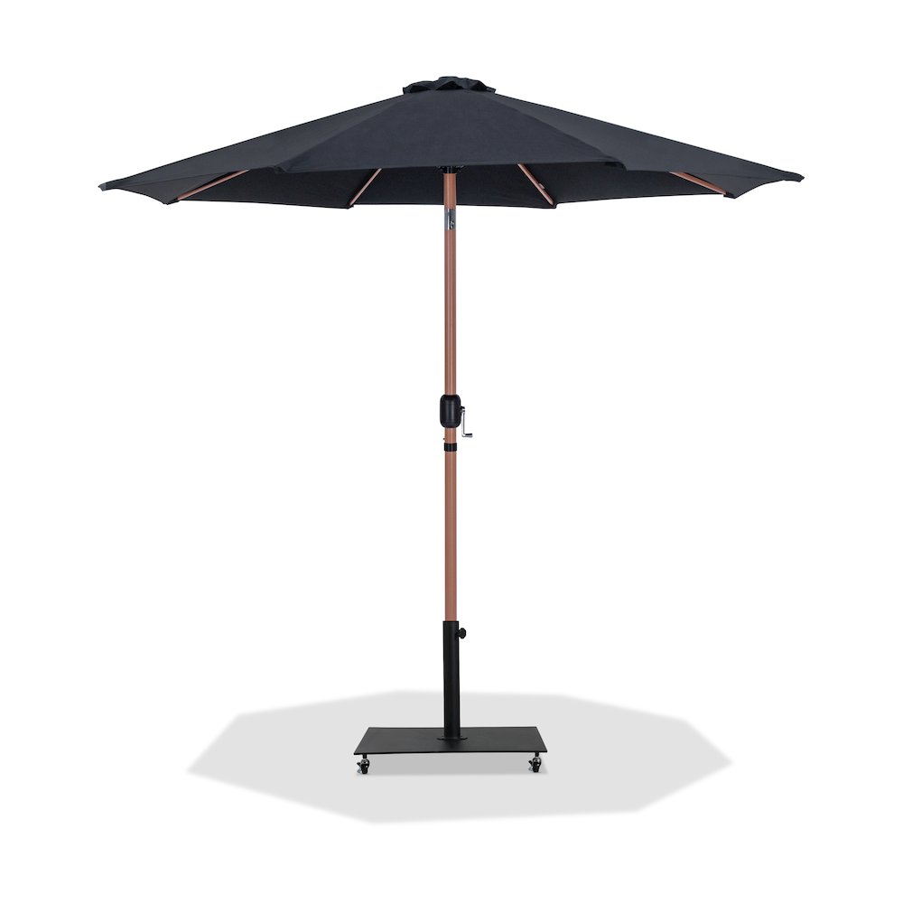 Fiji Black Fabric / Matte Black Aluminum Patio Umbrella with Base Sets. Picture 1