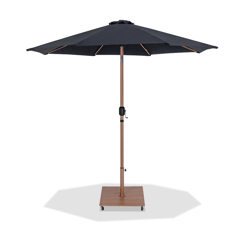 Fiji Black Fabric / Teak Aluminum Patio Umbrella with Base Sets. Picture 1