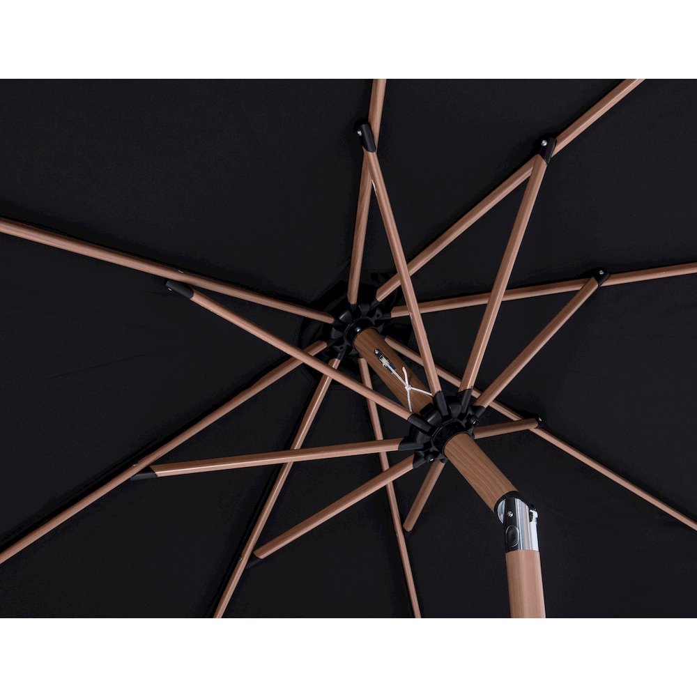Fiji Black Fabric / Teak Aluminum Patio Umbrella with Base Sets. Picture 16