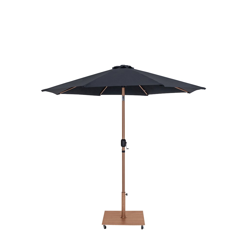 Fiji Black Fabric / Teak Aluminum Patio Umbrella with Base Sets. Picture 2