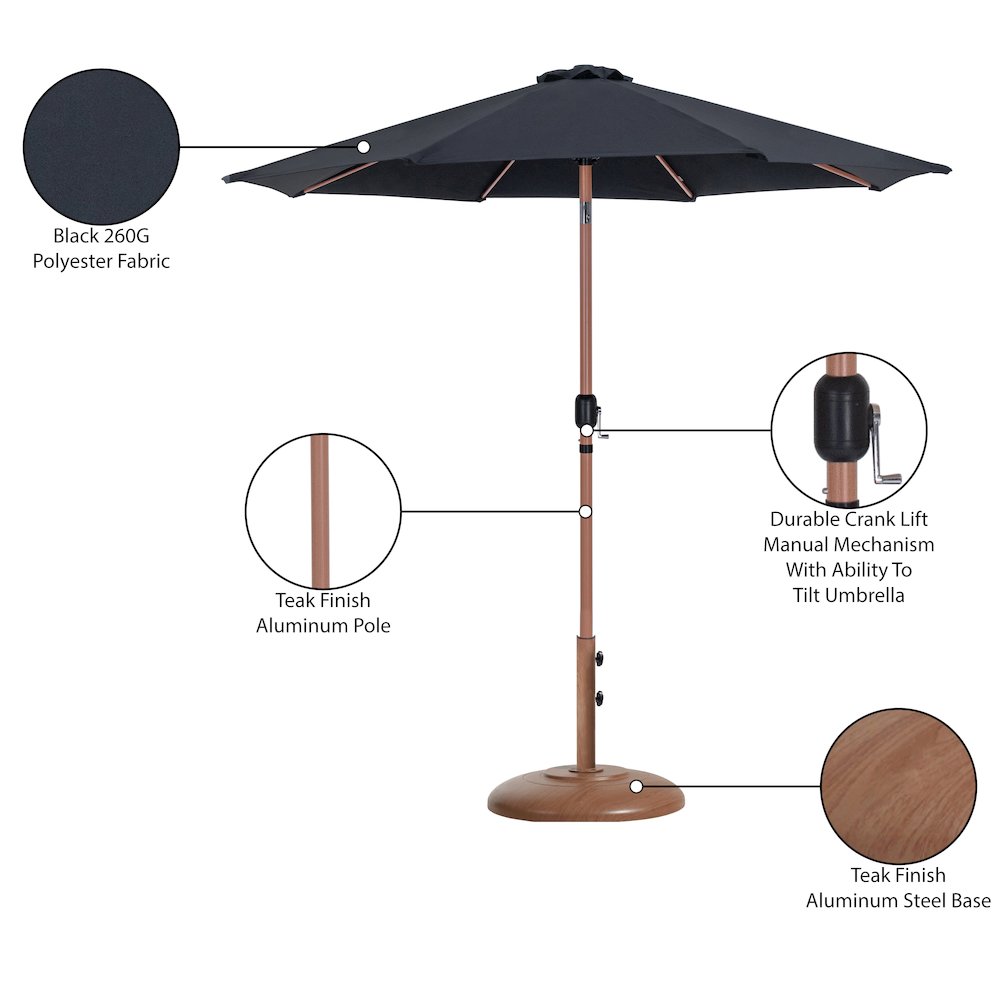 Fiji Black Fabric / Teak Aluminum Patio Umbrella with Base Sets. Picture 16