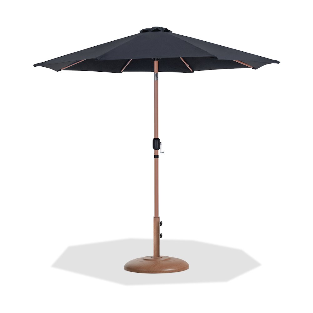 Fiji Black Fabric / Teak Aluminum Patio Umbrella with Base Sets. Picture 1