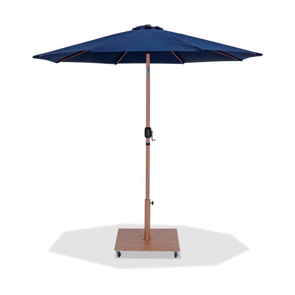 Fiji Navy Fabric / Teak Aluminum Patio Umbrella with Base Sets. Picture 1