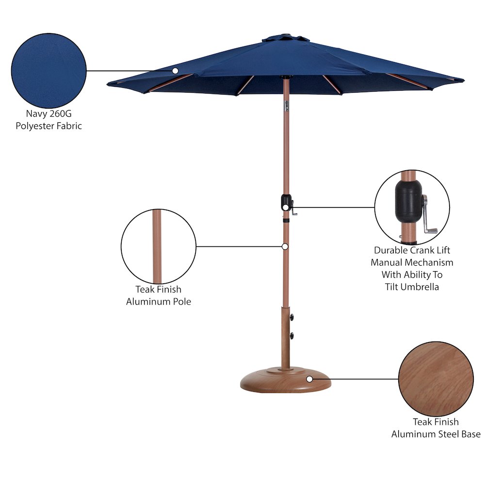 Fiji Navy Fabric / Teak Aluminum Patio Umbrella with Base Sets. Picture 16