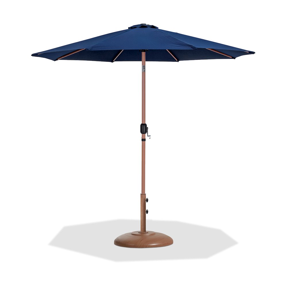 Fiji Navy Fabric / Teak Aluminum Patio Umbrella with Base Sets. Picture 1