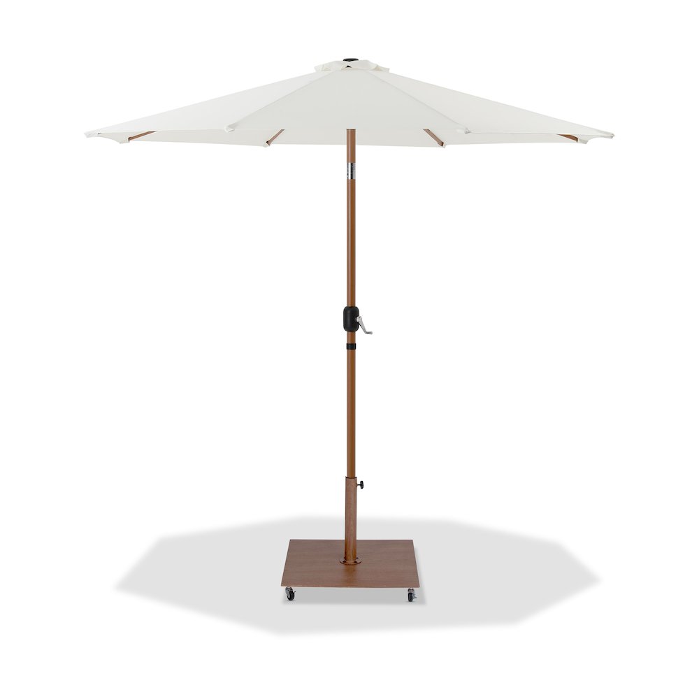 Fiji White Fabric / Teak Aluminum Patio Umbrella with Base Sets. Picture 1
