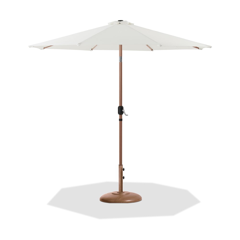 Fiji White Fabric / Teak Aluminum Patio Umbrella with Base Sets. Picture 1