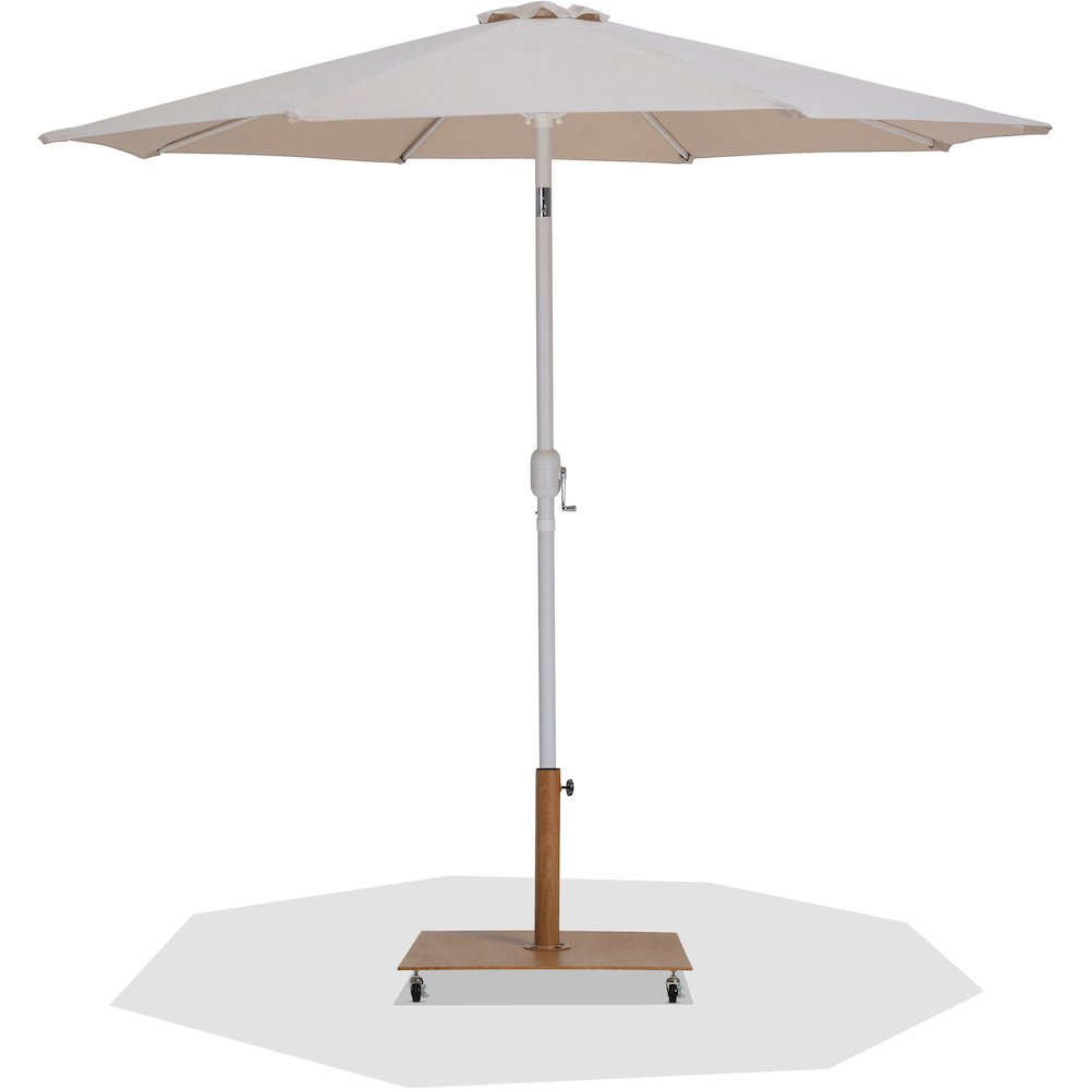 Fiji Beige Fabric / Teak Aluminum Patio Umbrella with Base Sets. Picture 1