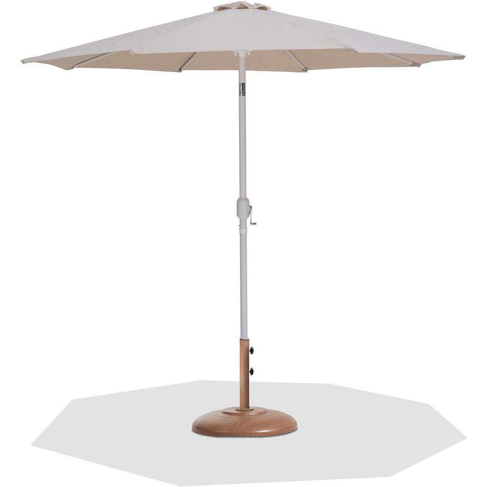 Fiji Beige Fabric / Teak Aluminum Patio Umbrella with Base Sets. Picture 1
