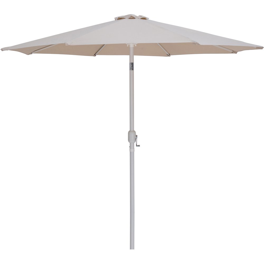 Fiji Beige Fabric / Teak Aluminum Patio Umbrella with Base Sets. Picture 2