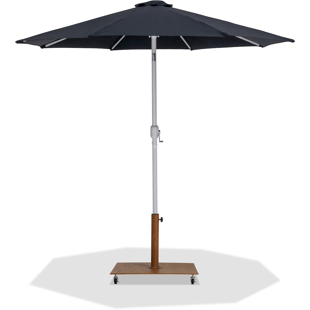 Fiji Black Fabric / Teak Aluminum Patio Umbrella with Base Sets. Picture 1