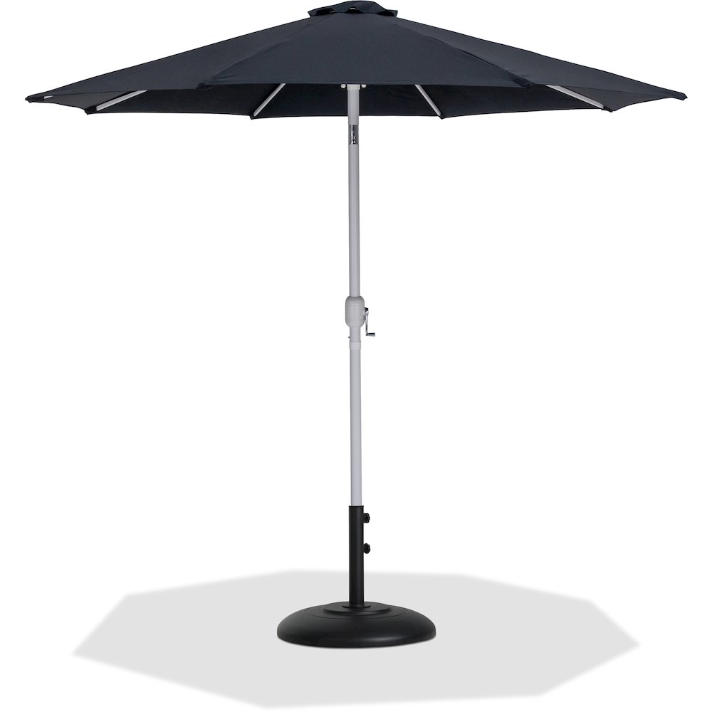 Fiji Black Fabric / Matte Black Aluminum Patio Umbrella with Base Sets. Picture 1