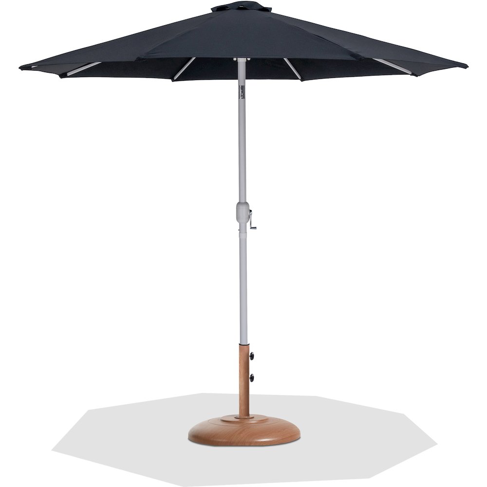 Fiji Black Fabric / Teak Aluminum Patio Umbrella with Base Sets. Picture 1