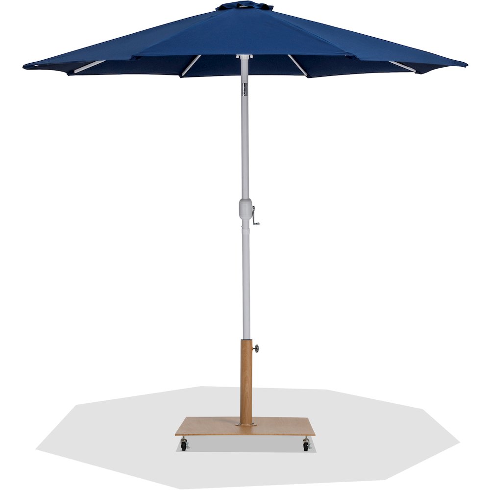 Fiji Navy Fabric / Teak Aluminum Patio Umbrella with Base Sets. Picture 1