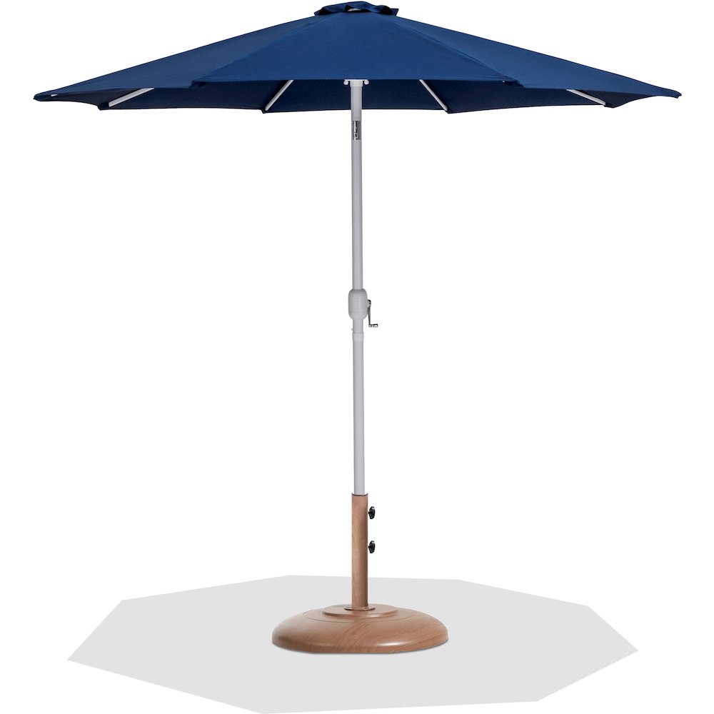 Fiji Navy Fabric / Teak Aluminum Patio Umbrella with Base Sets. Picture 1
