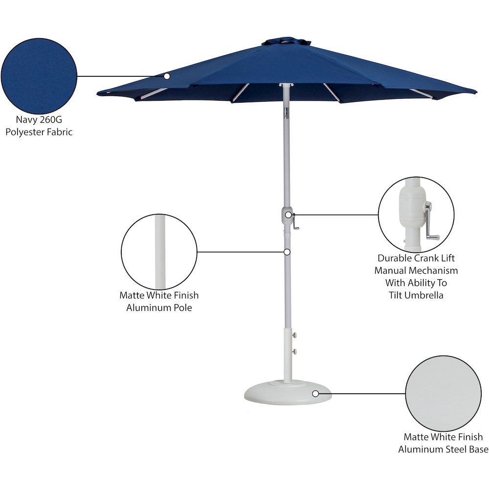 Fiji Navy Fabric / Matte White Aluminum Patio Umbrella with Base Sets. Picture 16