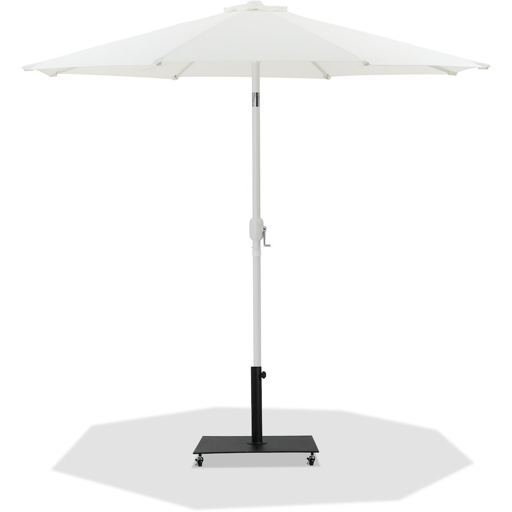 Fiji White Fabric / Matte Black Aluminum Patio Umbrella with Base Sets. Picture 1