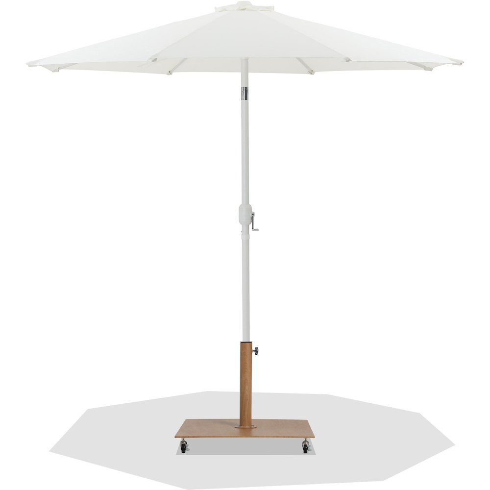 Fiji White Fabric / Teak Aluminum Patio Umbrella with Base Sets. Picture 1