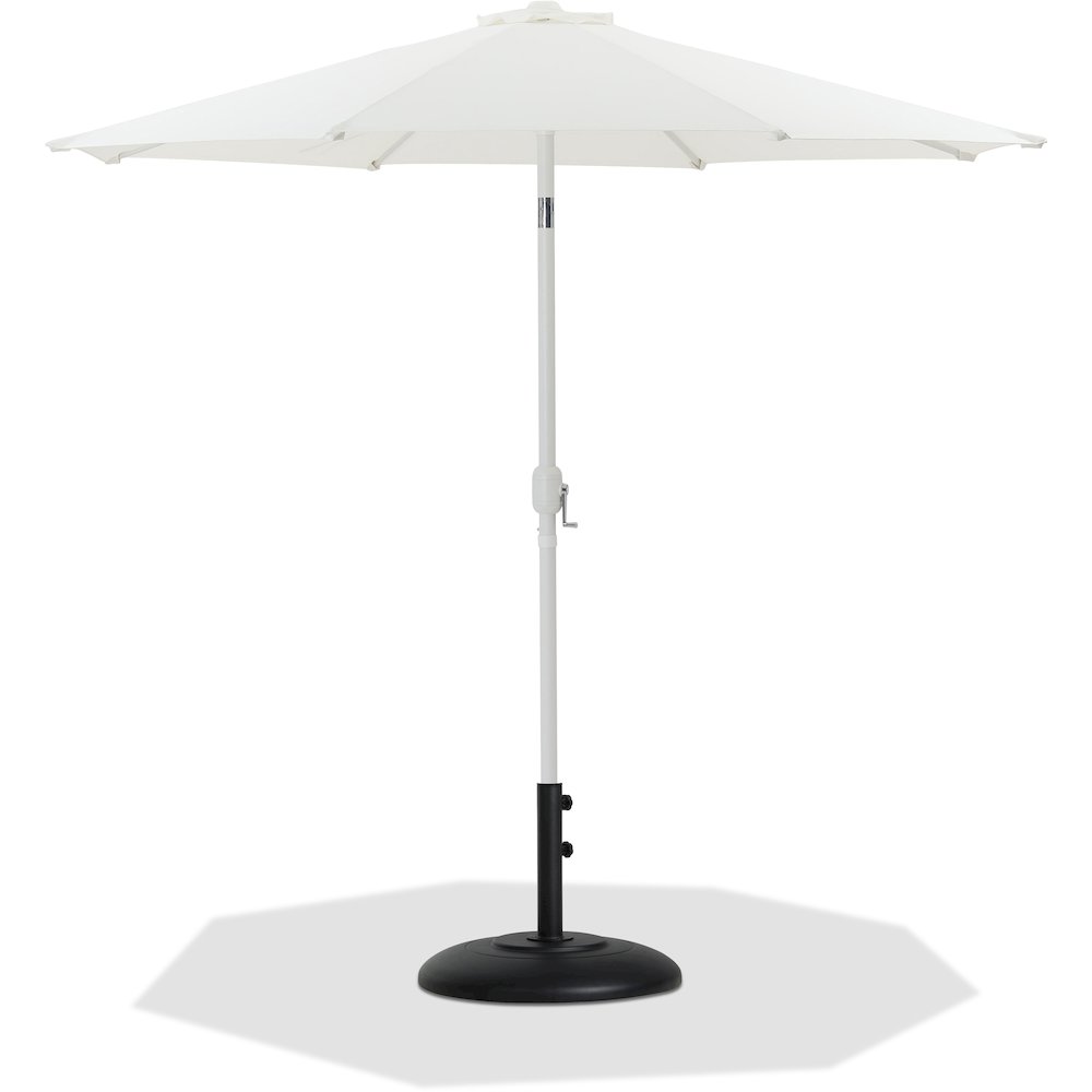 Fiji White Fabric / Matte Black Aluminum Patio Umbrella with Base Sets. Picture 1