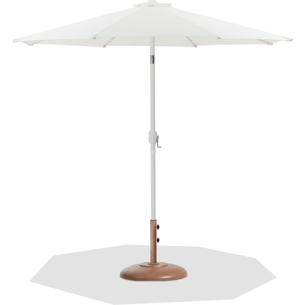 Fiji White Fabric / Teak Aluminum Patio Umbrella with Base Sets. Picture 1