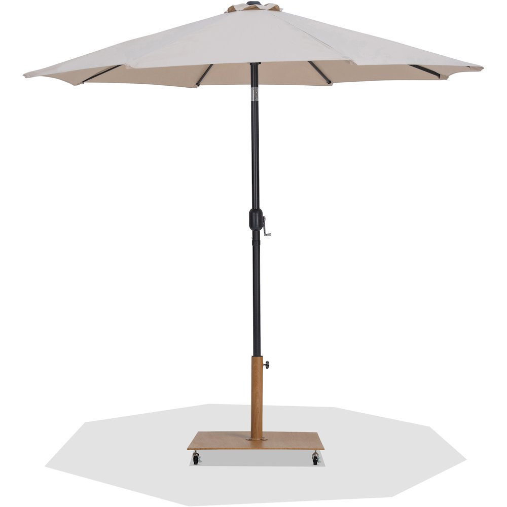 Fiji Beige Fabric / Teak Aluminum Patio Umbrella with Base Sets. Picture 1