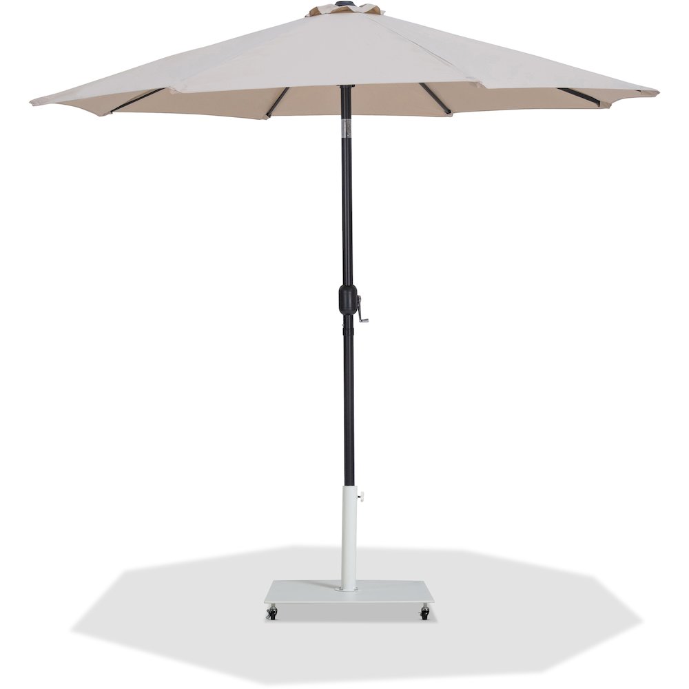 Fiji Beige Fabric / Matte White Aluminum Patio Umbrella with Base Sets. Picture 1