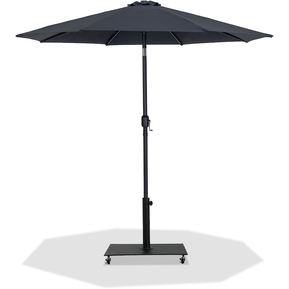 Fiji Black Fabric / Matte Black Aluminum Patio Umbrella with Base Sets. Picture 1