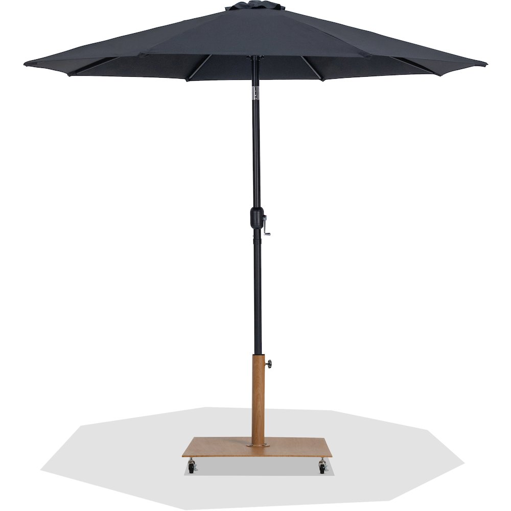 Fiji Black Fabric / Teak Aluminum Patio Umbrella with Base Sets. Picture 1
