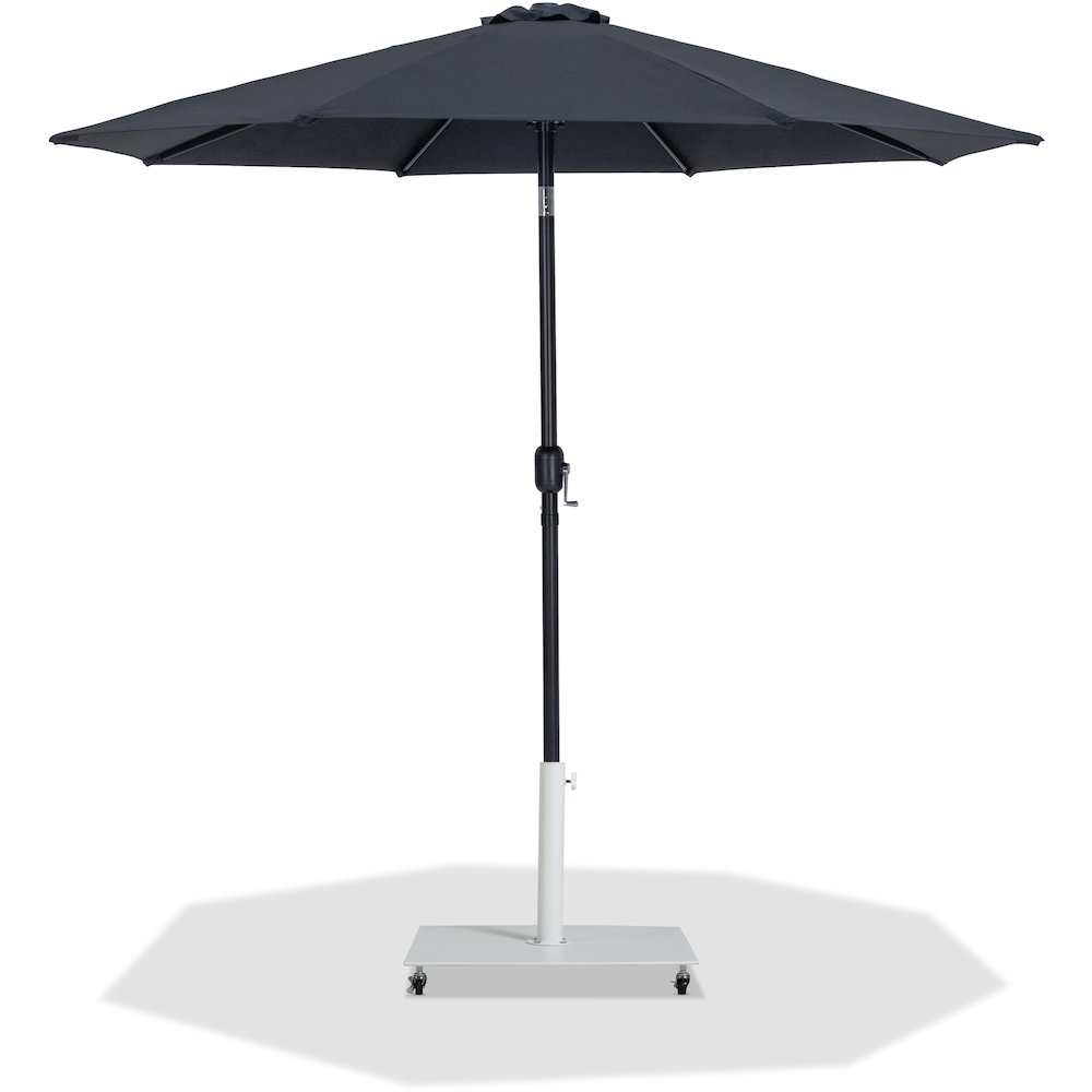 Fiji Black Fabric / Matte White Aluminum Patio Umbrella with Base Sets. Picture 1