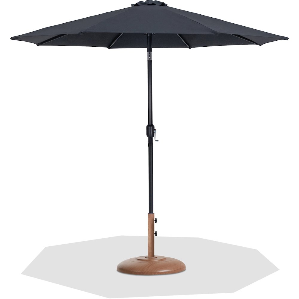 Fiji Black Fabric / Teak Aluminum Patio Umbrella with Base Sets. Picture 1