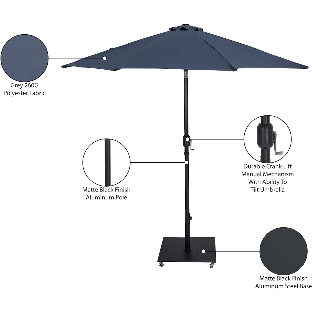 Fiji Grey Fabric / Matte Black Aluminum Patio Umbrella with Base Sets. Picture 18