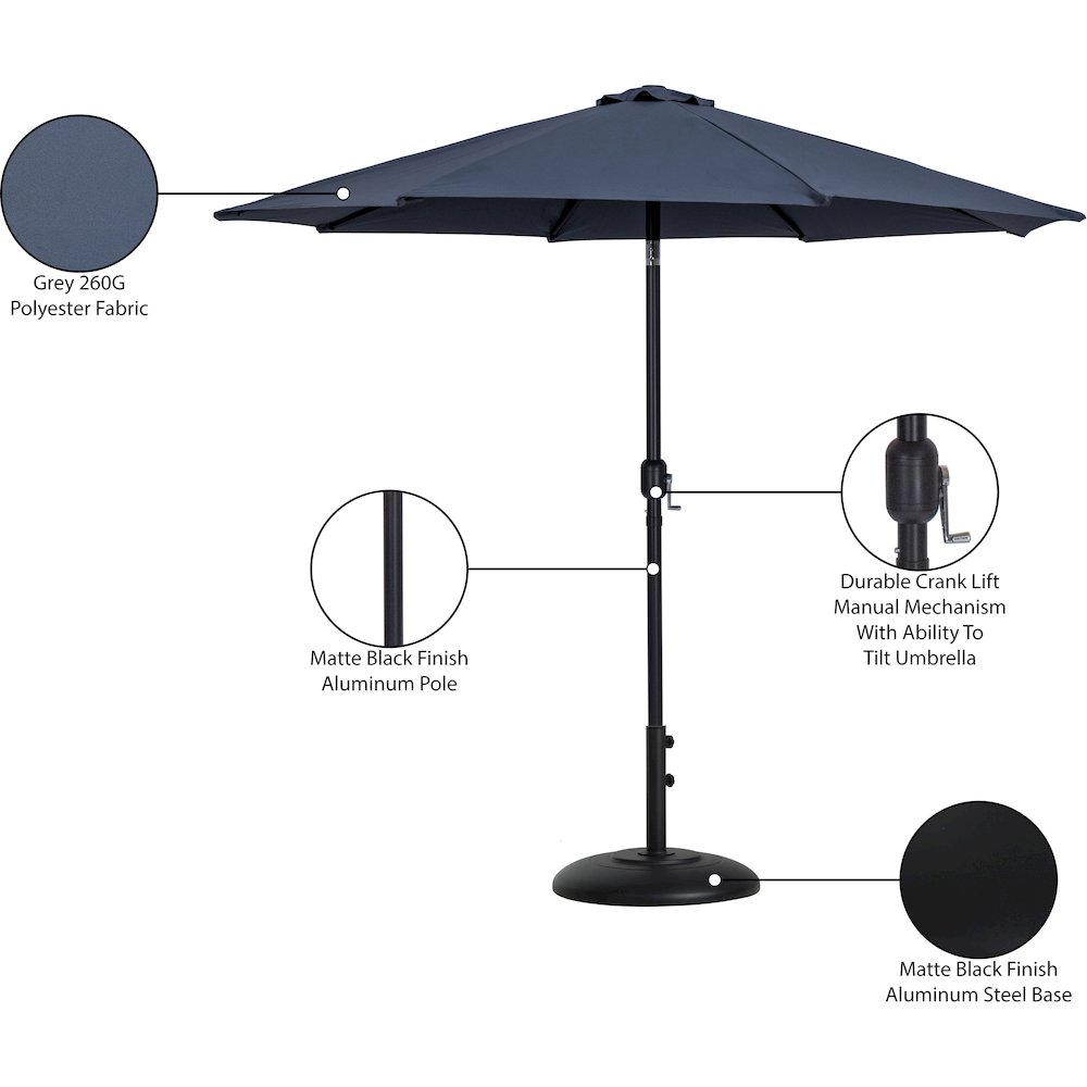 Fiji Grey Fabric / Matte Black Aluminum Patio Umbrella with Base Sets. Picture 16