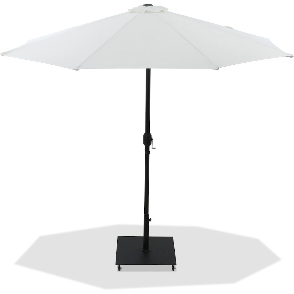 Fiji White Fabric / Matte Black Aluminum Patio Umbrella with Base Sets. Picture 1
