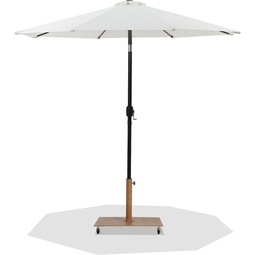 Fiji White Fabric / Teak Aluminum Patio Umbrella with Base Sets. Picture 1