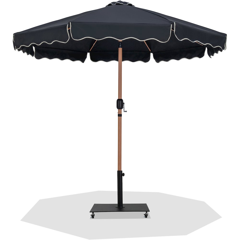 Amalfi Black With Cream Piping / Matte Black Metal Patio Umbrella with Base Sets. Picture 1