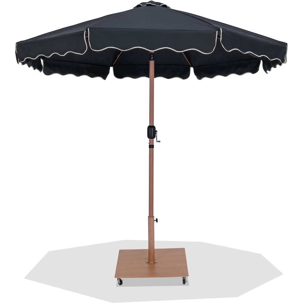Amalfi Black With Cream Piping / Teak Metal Patio Umbrella with Base Sets. Picture 1