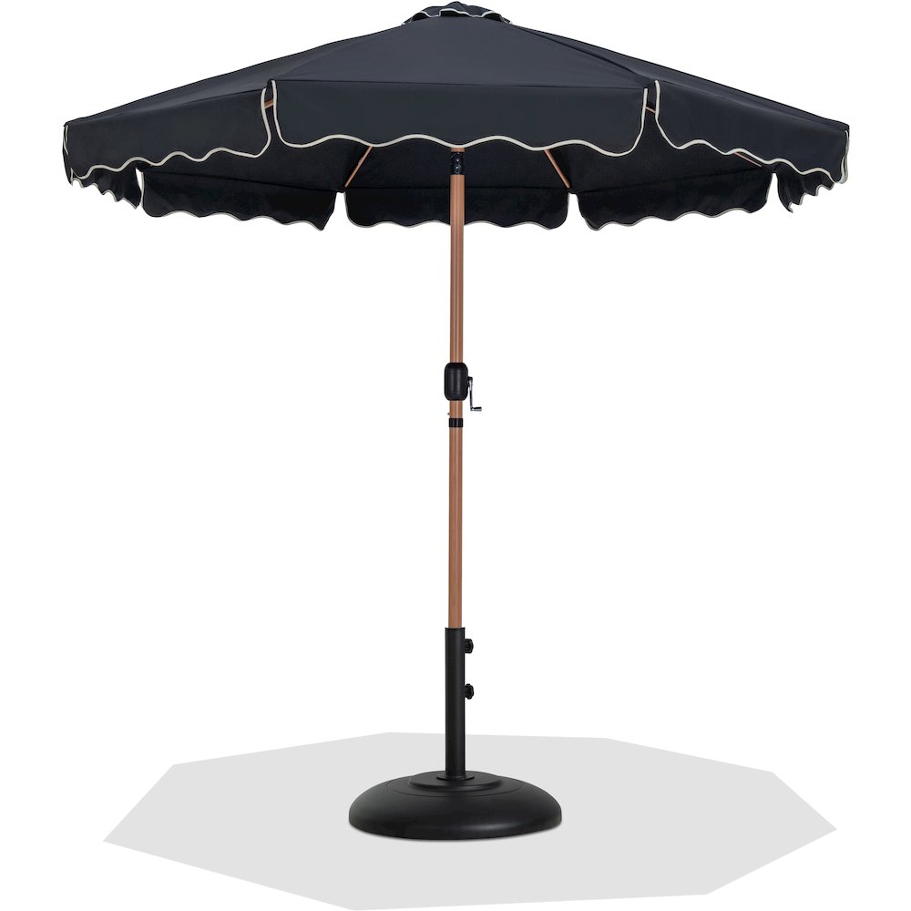 Amalfi Black With Cream Piping / Matte Black Metal Patio Umbrella with Base Sets. Picture 1