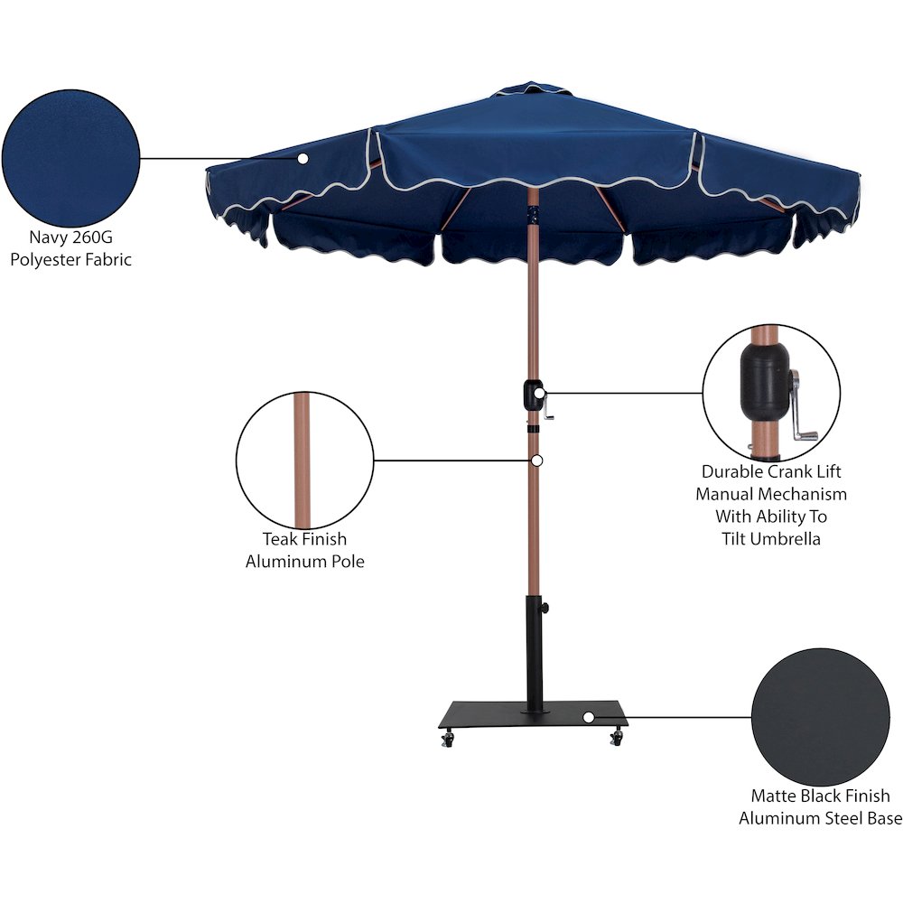 Amalfi Navy With Cream Piping / Matte Black Metal Patio Umbrella with Base Sets. Picture 18