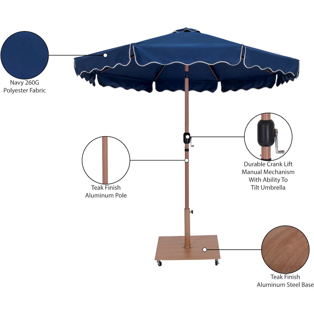 Amalfi Navy With Cream Piping / Teak Metal Patio Umbrella with Base Sets. Picture 18