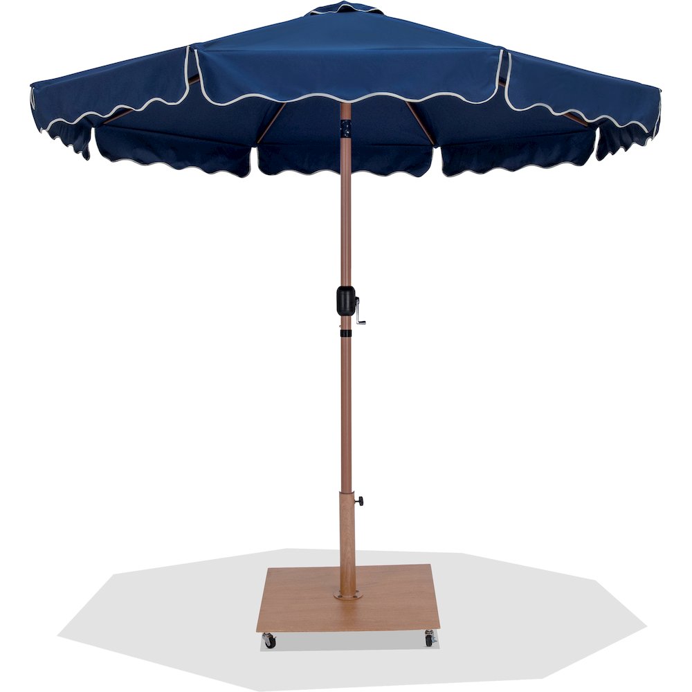 Amalfi Navy With Cream Piping / Teak Metal Patio Umbrella with Base Sets. Picture 1