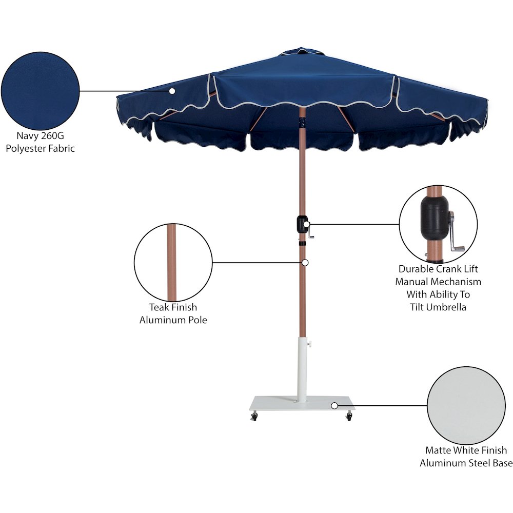 Amalfi Navy With Cream Piping / Matte White Metal Patio Umbrella with Base Sets. Picture 18