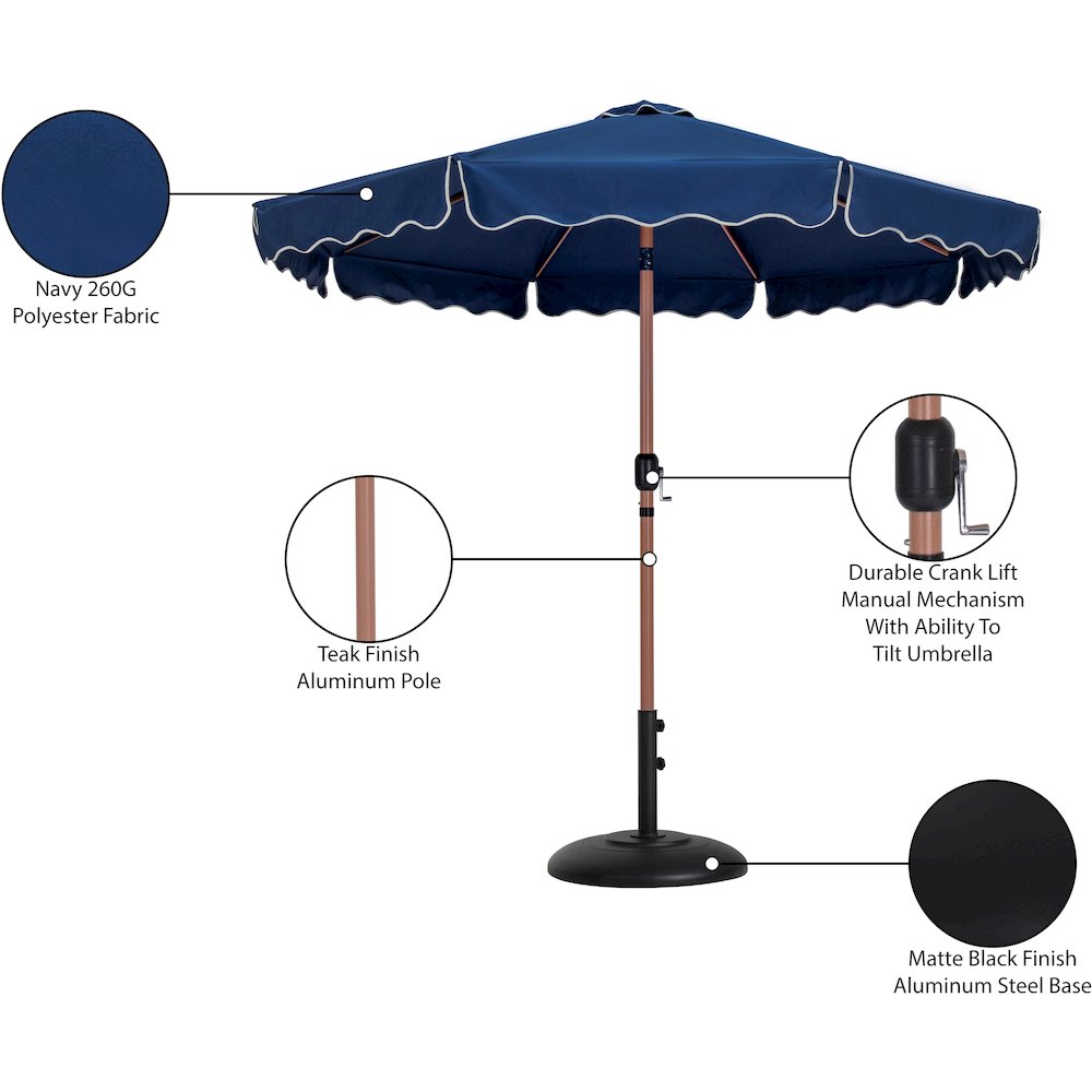 Amalfi Navy With Cream Piping / Matte Black Metal Patio Umbrella with Base Sets. Picture 16
