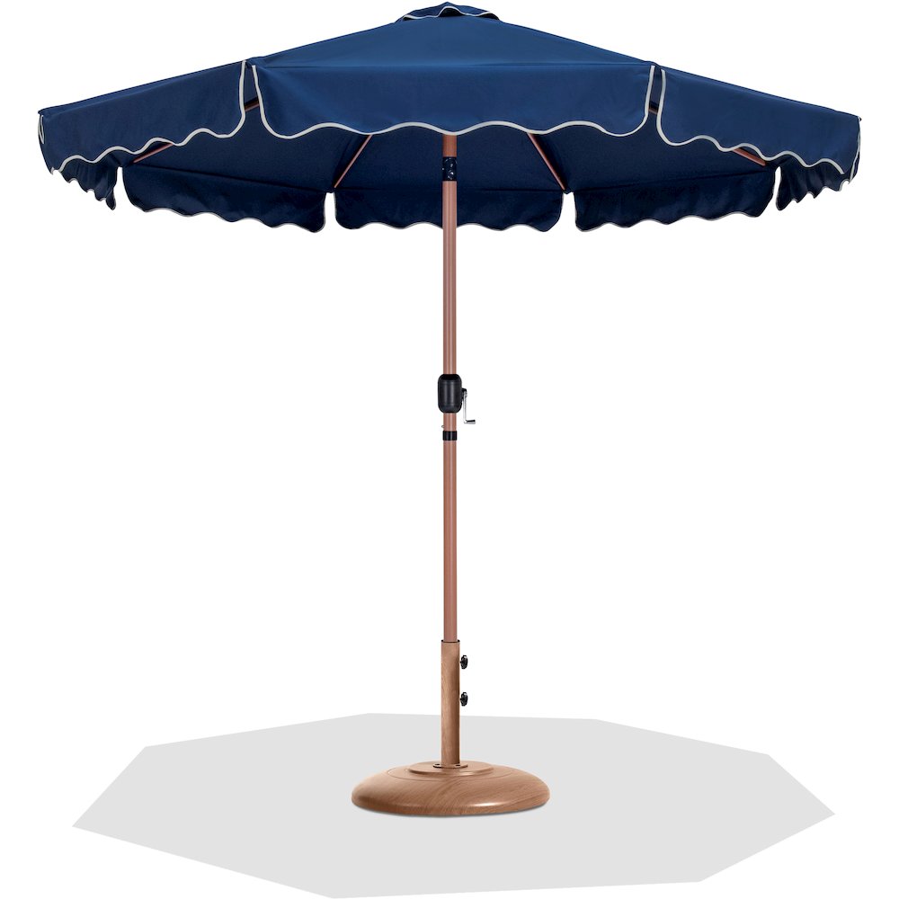 Amalfi Navy With Cream Piping / Teak Metal Patio Umbrella with Base Sets. Picture 1