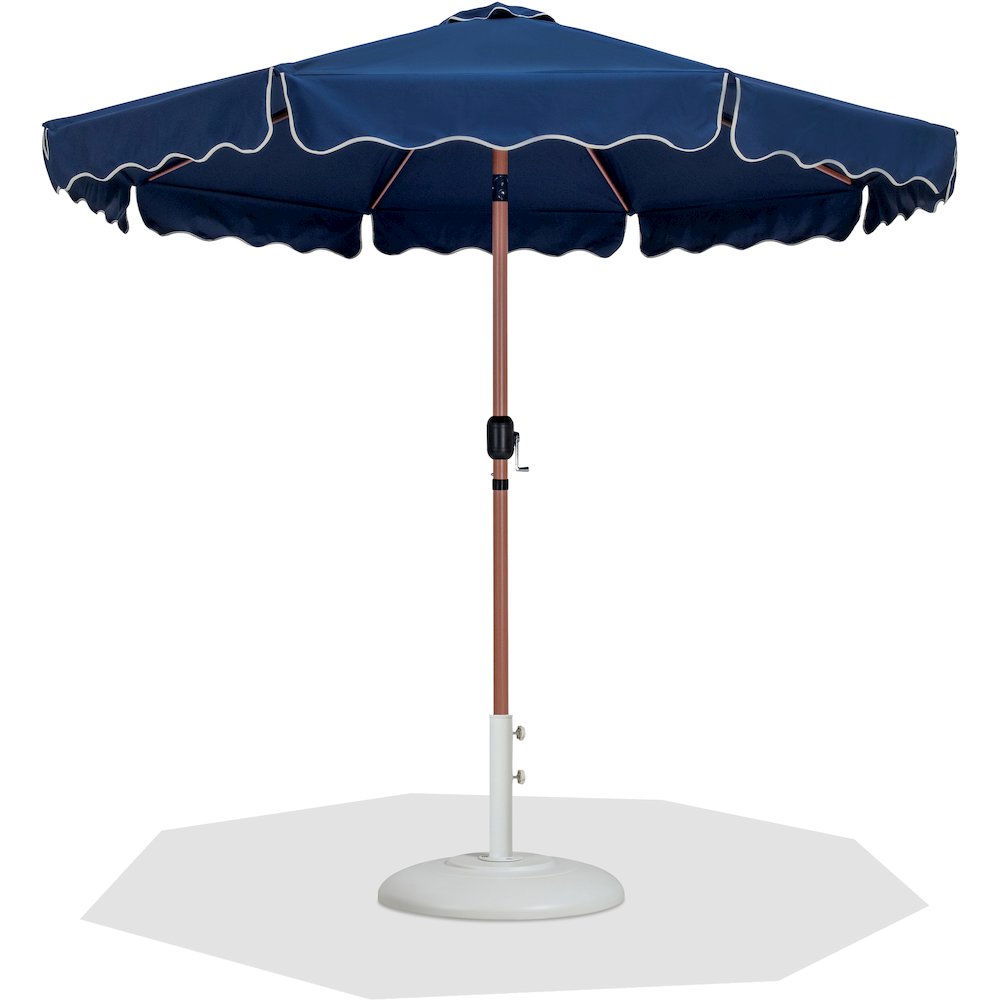 Amalfi Navy With Cream Piping / Matte White Metal Patio Umbrella with Base Sets. Picture 1