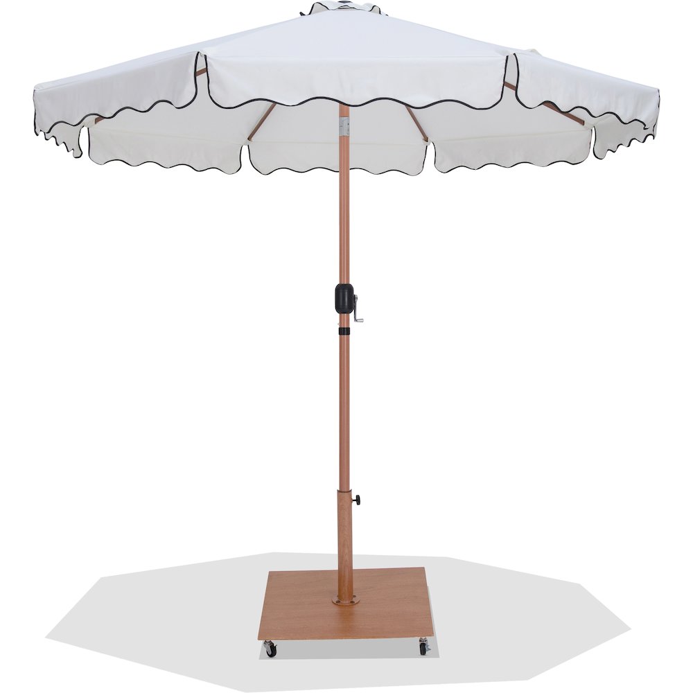 Amalfi White With Black Piping / Teak Metal Patio Umbrella with Base Sets. Picture 1