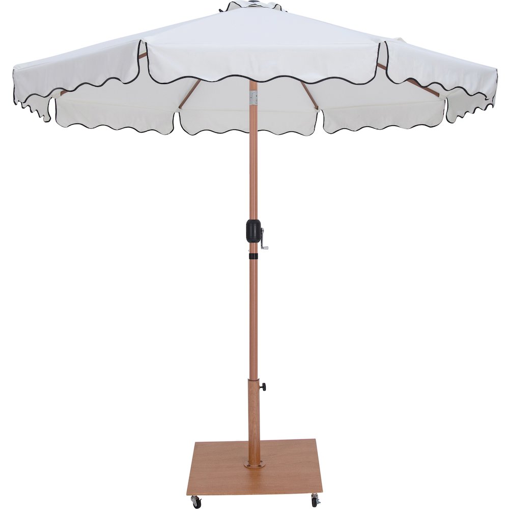 Amalfi White With Black Piping / Teak Metal Patio Umbrella with Base Sets. Picture 2