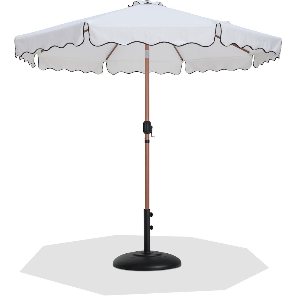 Amalfi White With Black Piping / Matte Black Metal Patio Umbrella with Base Sets. Picture 1